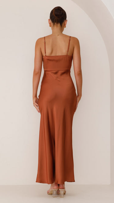 Simple maxi dress – satin dress with spaghetti straps and a high slit 5