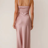 Simple maxi dress – satin dress with spaghetti straps and a high slit 7
