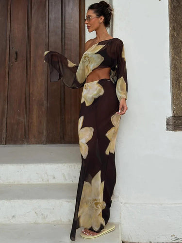 Sisterlinda 2 Piece Set Woman Floral Print Skew Collar Full Sleeve Navel Exposed Tops+Elastic Waist Skirts Elegant Vacation Suit 0