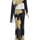 Sisterlinda 2 Piece Set Woman Floral Print Skew Collar Full Sleeve Navel Exposed Tops+Elastic Waist Skirts Elegant Vacation Suit 5