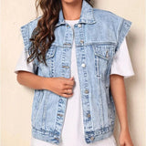 Sleeveless Denim Jacket with Classic Button Front 0