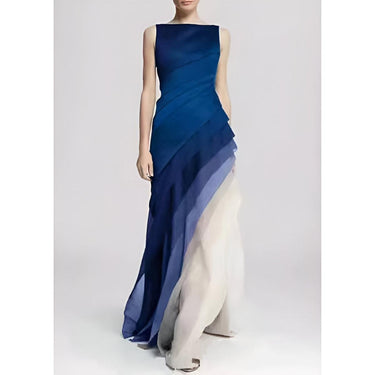 Sleeveless Satin Evening Gown with Fitted Bodice and Asymmetrical Layered Skirt – Elegant Formal Dress for Special Occasions 4