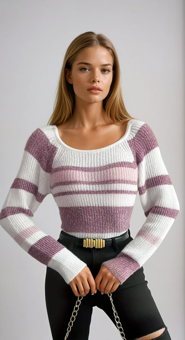 Striped Ribbed Knit Slim Fit Sweater