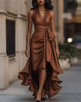 Sophia Satin Evening Dress – Off-Shoulder V-Neck Formal Elegance 0