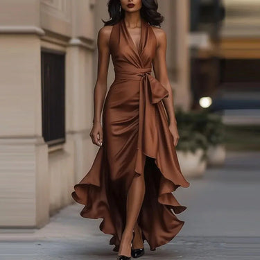 Sophia Satin Evening Dress – Off-Shoulder V-Neck Formal Elegance 0