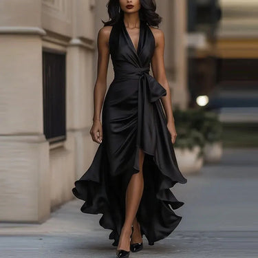 Sophia Satin Evening Dress – Off-Shoulder V-Neck Formal Elegance 2