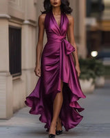 Sophia Satin Evening Dress – Off-Shoulder V-Neck Formal Elegance 3