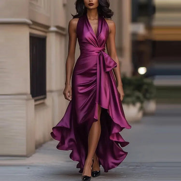 Sophia Satin Evening Dress – Off-Shoulder V-Neck Formal Elegance 3