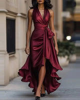 Sophia Satin Evening Dress – Off-Shoulder V-Neck Formal Elegance 4