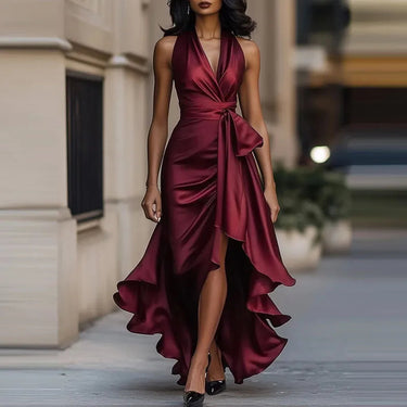 Sophia Satin Evening Dress – Off-Shoulder V-Neck Formal Elegance 4