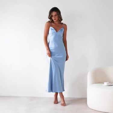 Sophia V-Neck Evening Dress – Elegant Satin Midi for Formal Weddings and Special Occasions 2