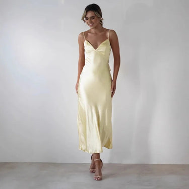 Sophia V-Neck Evening Dress – Elegant Satin Midi for Formal Weddings and Special Occasions 3