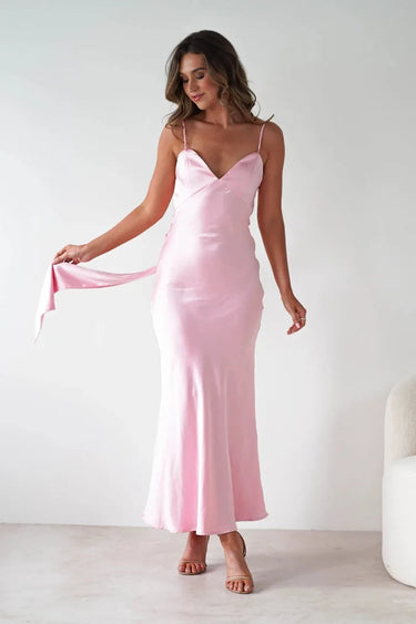 Sophia V-Neck Evening Dress – Elegant Satin Midi for Formal Weddings and Special Occasions 5