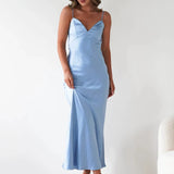 Sophia V-Neck Evening Dress – Elegant Satin Midi for Formal Weddings and Special Occasions 7