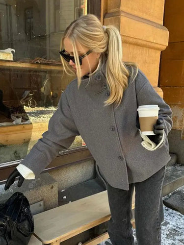 Stand Collar Women Winter Woolen Coats 2025 Autumn Single Breasted Loose Female Long Sleeve Jacket Office Lady Street Short Coat 2