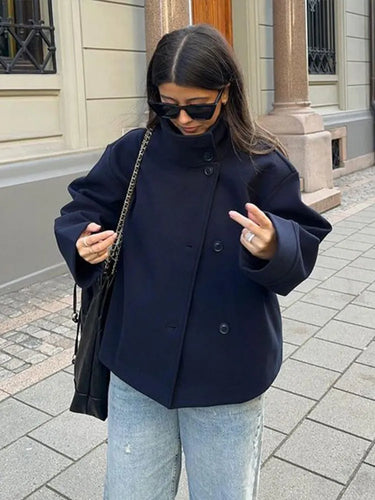 Stand Collar Women Winter Woolen Coats 2025 Autumn Single Breasted Loose Female Long Sleeve Jacket Office Lady Street Short Coat 3