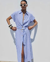 Striped Linen-Blend Maxi Dress with Belt 0