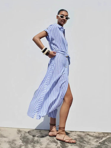 Striped Linen-Blend Maxi Dress with Belt 1
