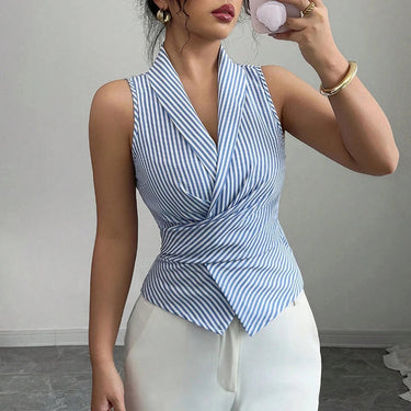 Striped Sleeveless Lapel Shirt in Tailored Fit for Office and Smart Casual Wear – 100% Polyester 1