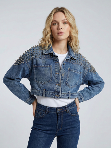 Studded Cropped Denim Jacket with Statement Shoulder Detail 0