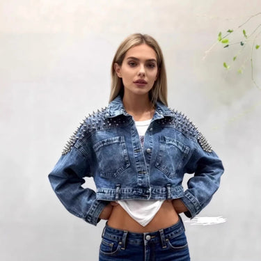 Studded Cropped Denim Jacket with Statement Shoulder Detail 1