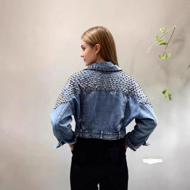 Studded Cropped Denim Jacket with Statement Shoulder Detail 2