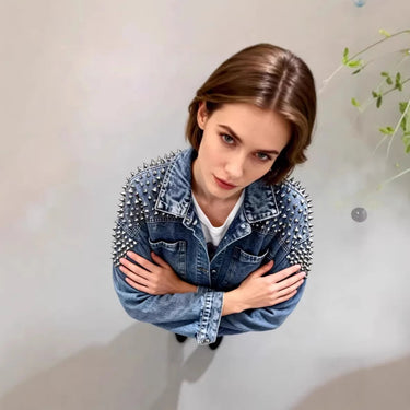 Studded Cropped Denim Jacket with Statement Shoulder Detail 3