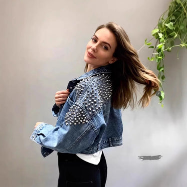 Studded Cropped Denim Jacket with Statement Shoulder Detail 4