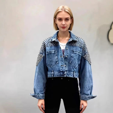 Studded Cropped Denim Jacket with Statement Shoulder Detail 5