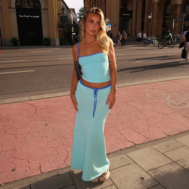 Summer 2024 New Pure Color Sleeveless Bandeau Top High Waist Long Skirt Women's Set European And American Trade Short Style 0