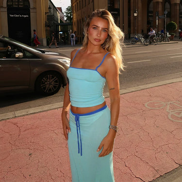 Summer 2024 New Pure Color Sleeveless Bandeau Top High Waist Long Skirt Women's Set European And American Trade Short Style 1