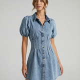 Summer Denim Dress – Puff Sleeve A-Line Elegance 1