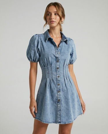 Summer Denim Dress – Puff Sleeve A-Line Elegance 1