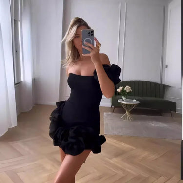 Summer New Women's Dress Ruffle Sleeve Flower Bud Waist Cinching One Shoulder Strap Mini Skirt Length Sleeveless Empire Waist 2