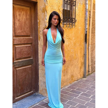 Summer Women's V-Neck Long Dresses Fashion High-Waisted Sexy Backless Sleeveless Solid Bodycon Gown Elegant Evening Party Outfit 3