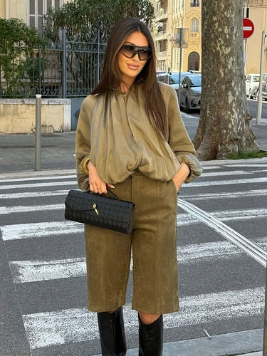 TRAFZA 2025 Women Casual Vintage Green Loose Coats Long Sleeve Zipper Bomber Jacket Autumn Female Fashion Streetwear Coat 4