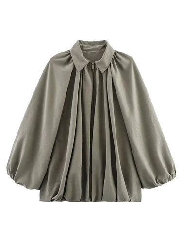 TRAFZA 2025 Women Casual Vintage Green Loose Coats Long Sleeve Zipper Bomber Jacket Autumn Female Fashion Streetwear Coat 5