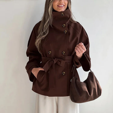 Ticketsx Vintage Trench Coat – High Neck Double Breasted Design for Chic Fall Style 1