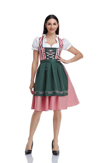 Traditional Bavarian Oktoberfest Costumes Plaid Dirndl Dresses Women Apron Dress German Beer Wench Maid Cosplay Party Dress 8