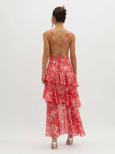 veda strappy back ruffle midi dress floral Veda Strappy Back Ruffle Midi Dress Floral Red