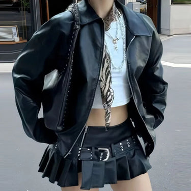 Versatile Classic Basic PU Leather Jacket Women's Autumn Retro Motorcycle Suit Trendy Fashion Solid Color Minimalist Outerwear 0