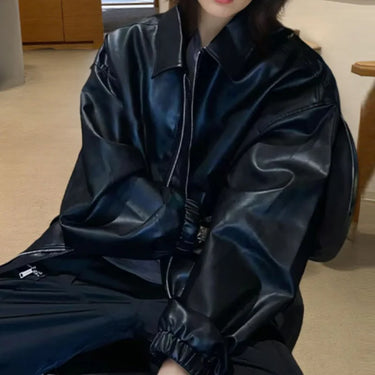 Versatile Classic Basic PU Leather Jacket Women's Autumn Retro Motorcycle Suit Trendy Fashion Solid Color Minimalist Outerwear 1