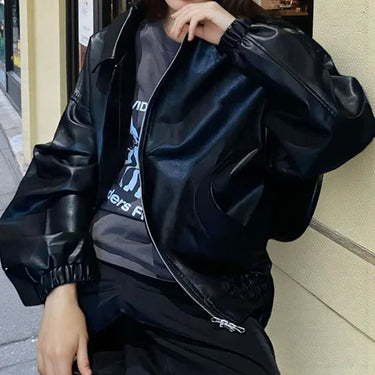 Versatile Classic Basic PU Leather Jacket Women's Autumn Retro Motorcycle Suit Trendy Fashion Solid Color Minimalist Outerwear 2