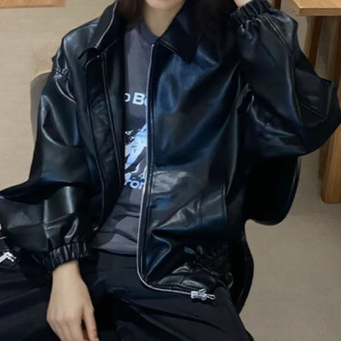 Versatile Classic Basic PU Leather Jacket Women's Autumn Retro Motorcycle Suit Trendy Fashion Solid Color Minimalist Outerwear 3