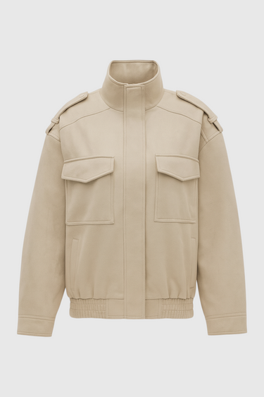 Victoria | Stylish Beige Bomber Jacket with Stand Collar - Lumina 0