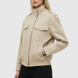 Victoria | Stylish Beige Bomber Jacket with Stand Collar - Lumina 1