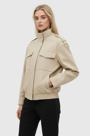 Victoria | Stylish Beige Bomber Jacket with Stand Collar - Lumina 1