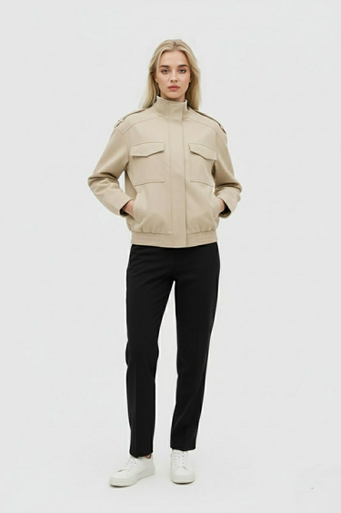 Victoria | Stylish Beige Bomber Jacket with Stand Collar - Lumina 2
