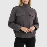 Victoria | Trendy Dark Gray Bomber Jacket with Stand Collar - Lumina 1