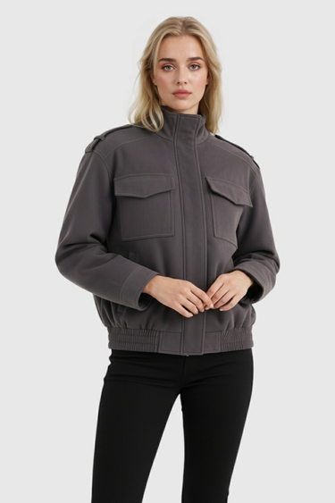 Victoria | Trendy Dark Gray Bomber Jacket with Stand Collar - Lumina 1